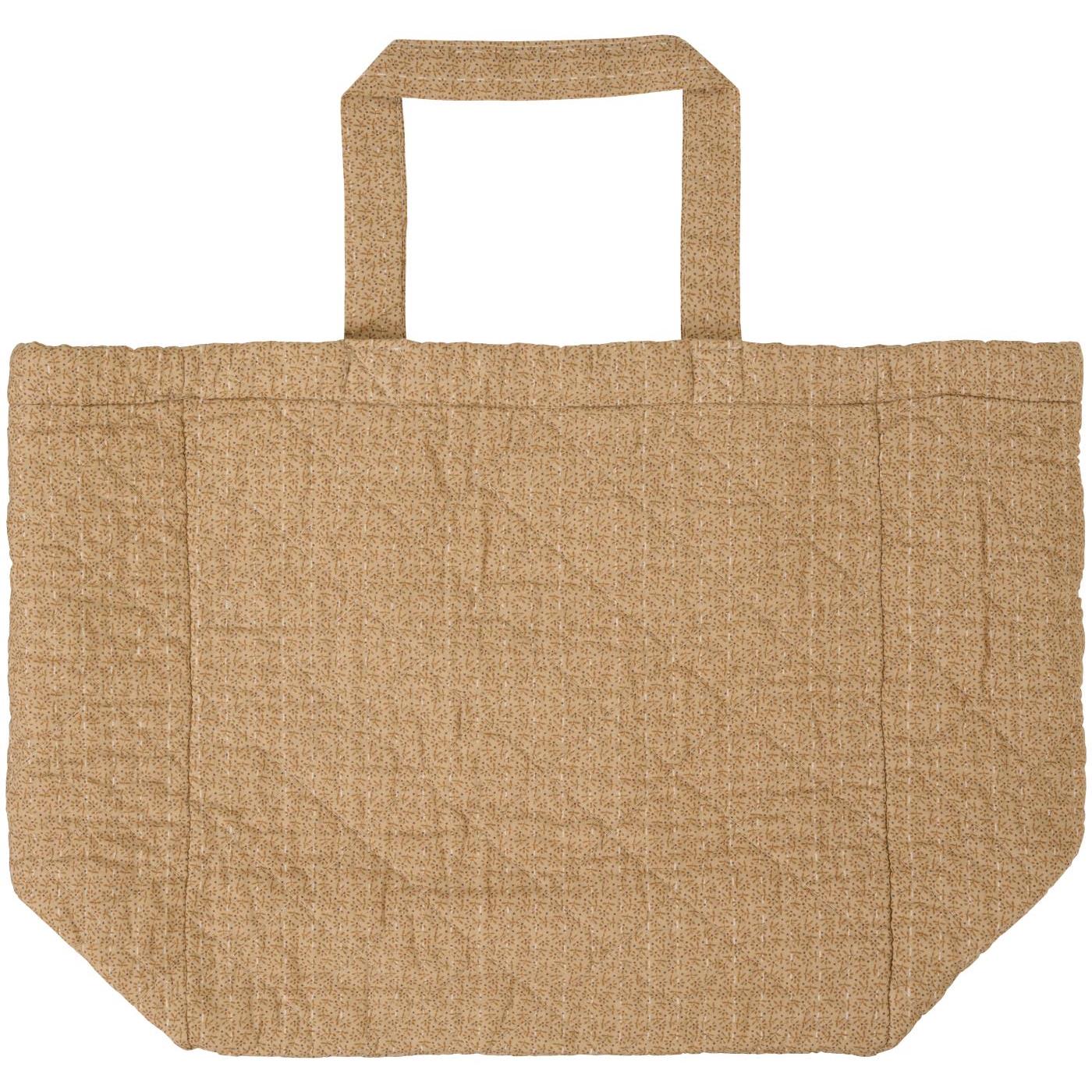 Beige-braune Stofftasche mit Tragegriffen und offener Front, rechteckige Form