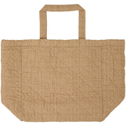 Beige-braune Stofftasche mit Tragegriffen und offener Front, rechteckige Form