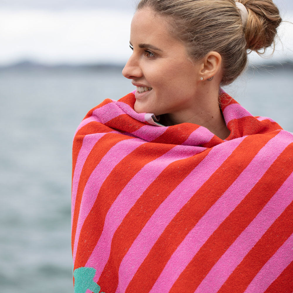 Frottee-Strandtuch "PLAYA - Beach Party" - 100x180 cm (Dunkelorange)