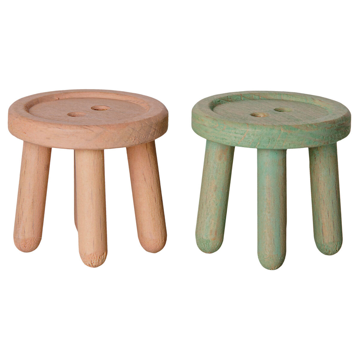 Spielzeughocker-Set aus Holz mit rundem Sitz, rosa und hellmint, drei Beine je Hocker
