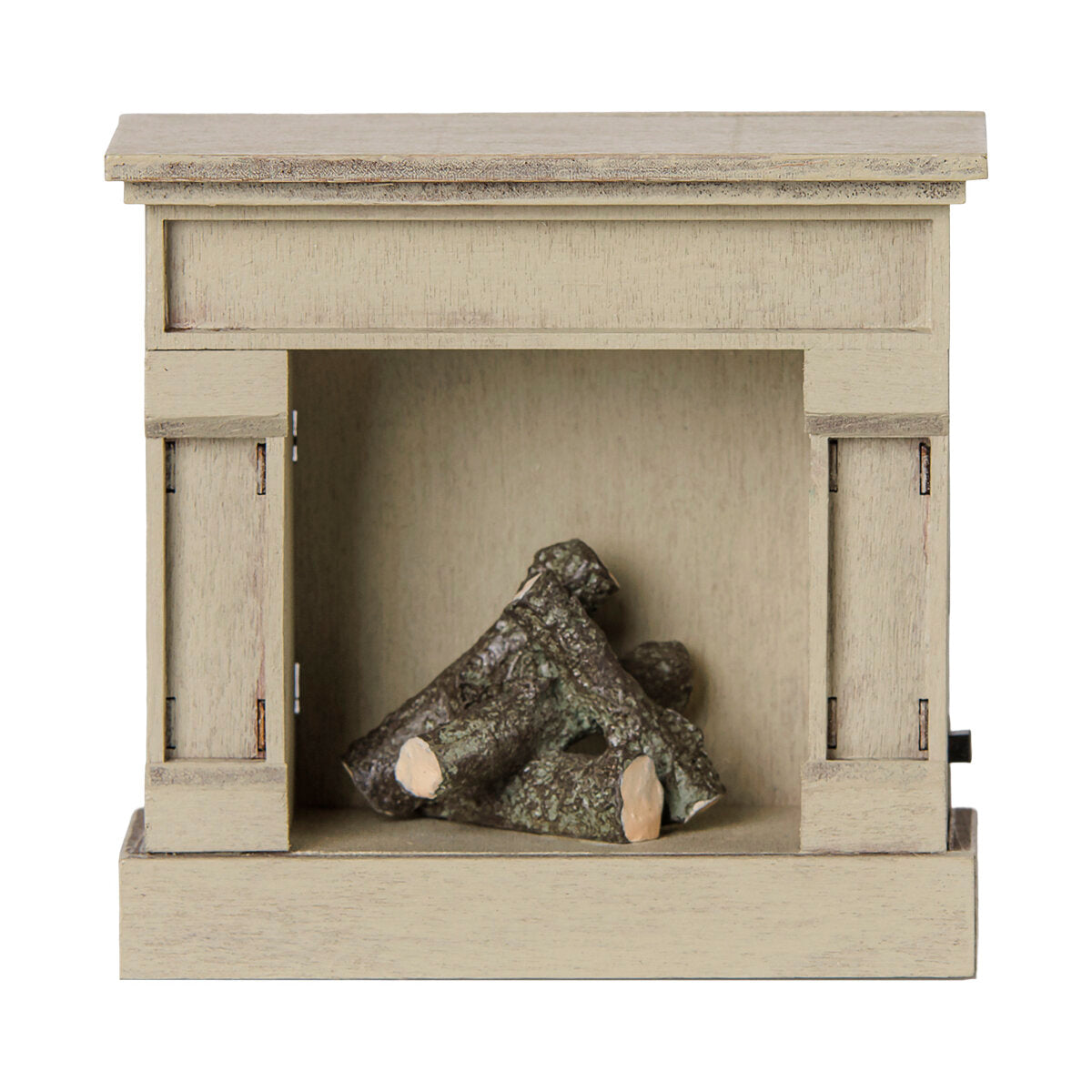 Miniatur-Kamin für Mäuse, weiß lackiert, mit offenem Feuerraum und Holzscheitern