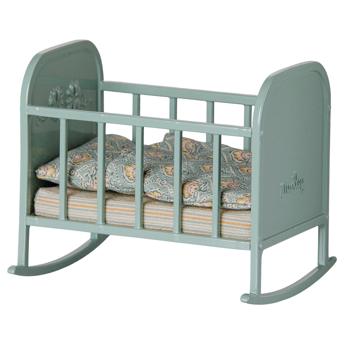 Miniatur-Wiege blau-mintfarben mit geschwungenen Kufen und gepolstertem Bett mit gemustertem Bezug