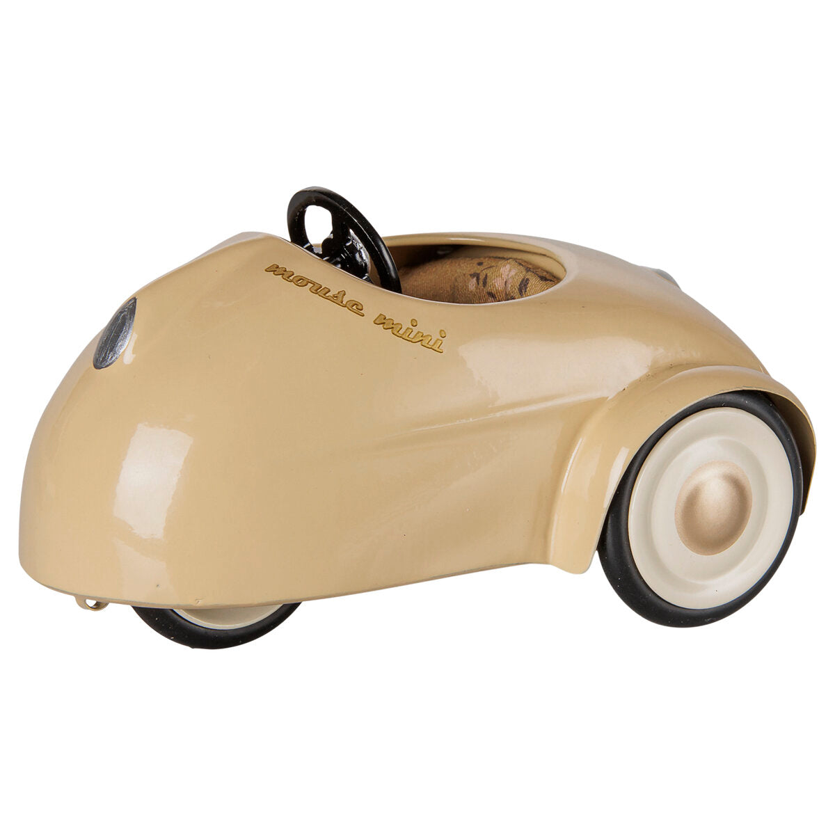 Beiges Spielzeugauto für Mäuse, seitlich, mit großen schwarzen und hellen Rädern