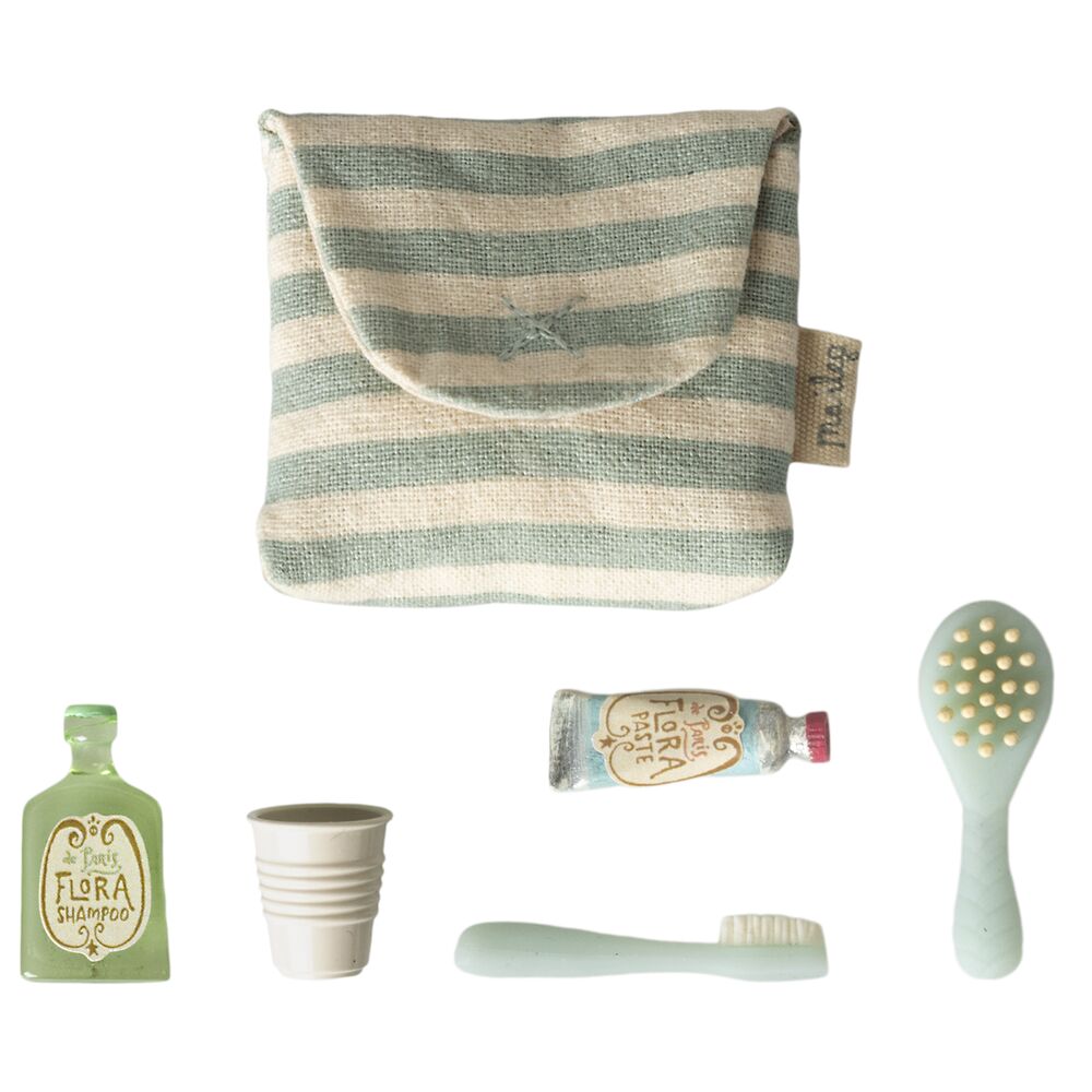 Miniatur-Zahnbürsten-Set mit gestreifter Stofftasche, Mini-Zahnbürste und Handbürste