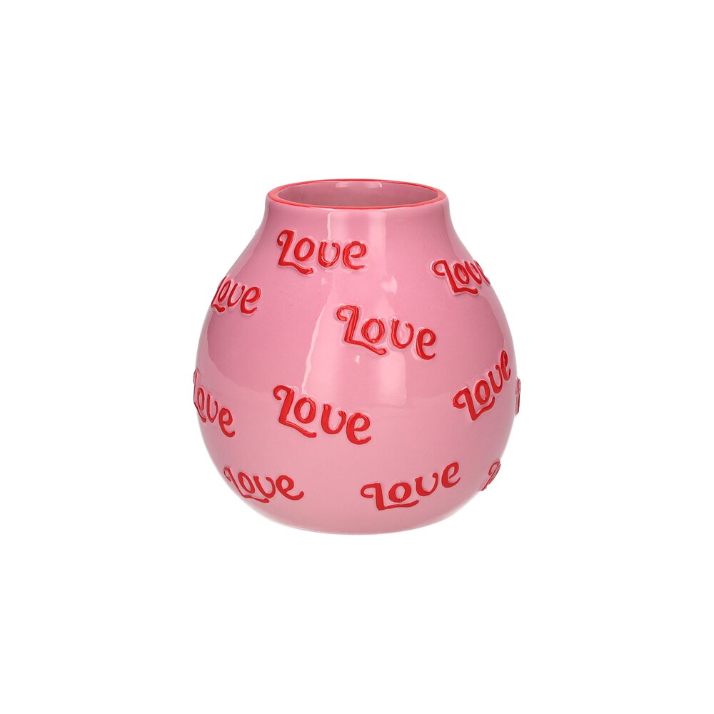 Rosa Vase, bauchig, mit roten „Love“-Schriftzügen