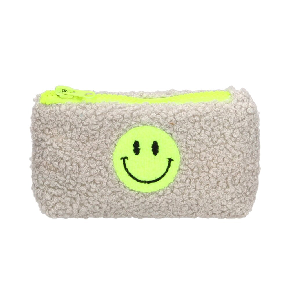 Beige Teddytasche mit neon-grünem Smiley und Reißverschluss oben