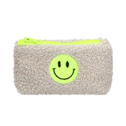 Beige Teddytasche mit neon-grünem Smiley und Reißverschluss oben