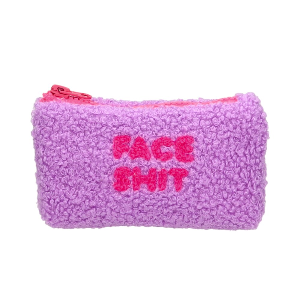 Teddytasche mit Reißverschluss, lila Frottee, rosa Teddy-Aufdruck.