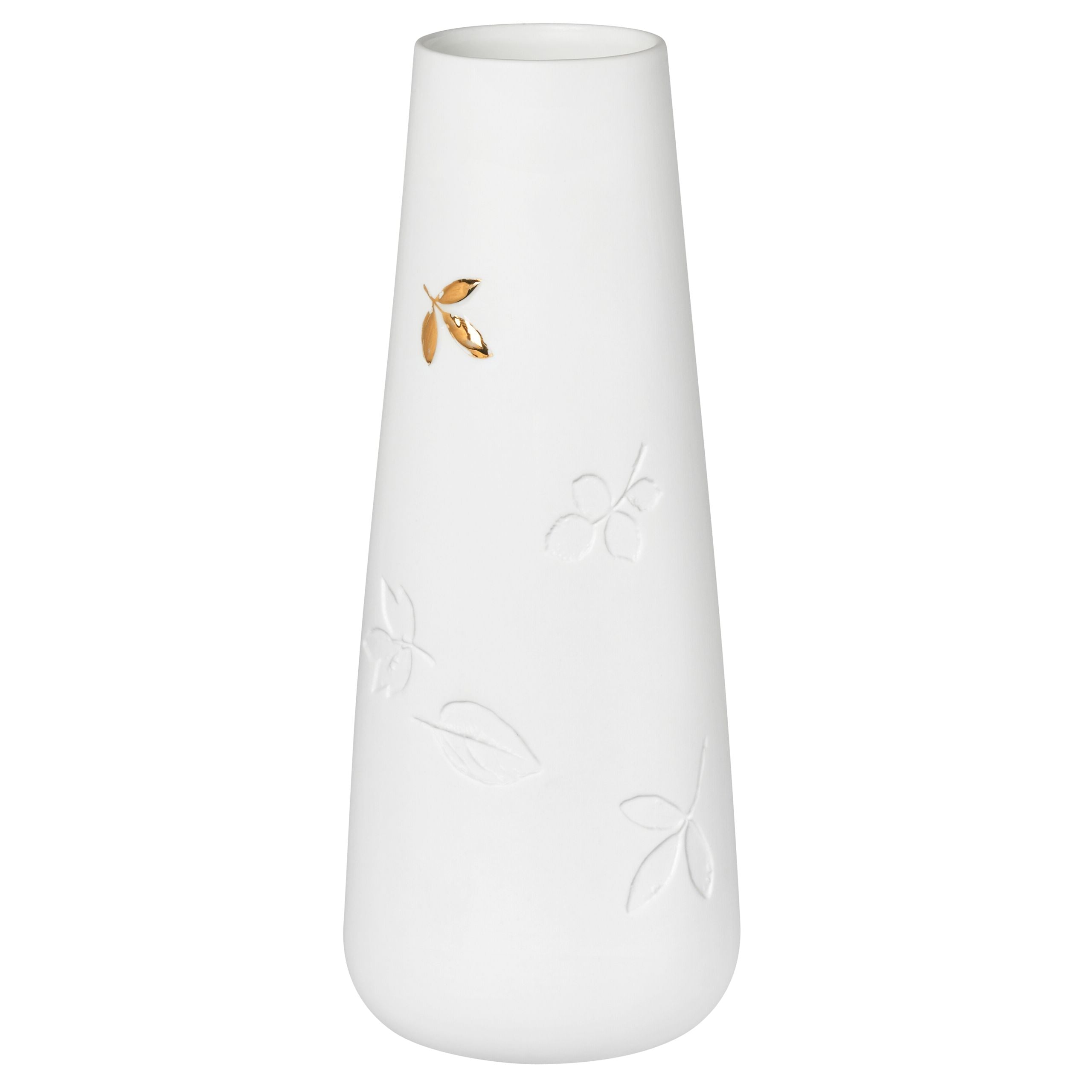 Porzellanvase mit goldenem Blatt "Living" - 8x21cm (Weiß/Gold)