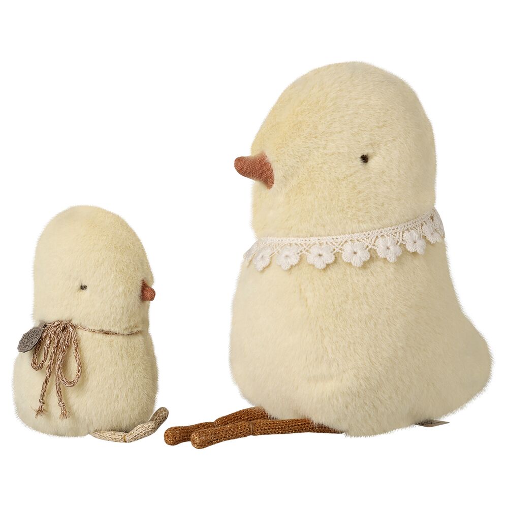 Mini-Kuscheltier Huhn, hellgelb, groß und klein, mit Spitzenkragen und Schnabel