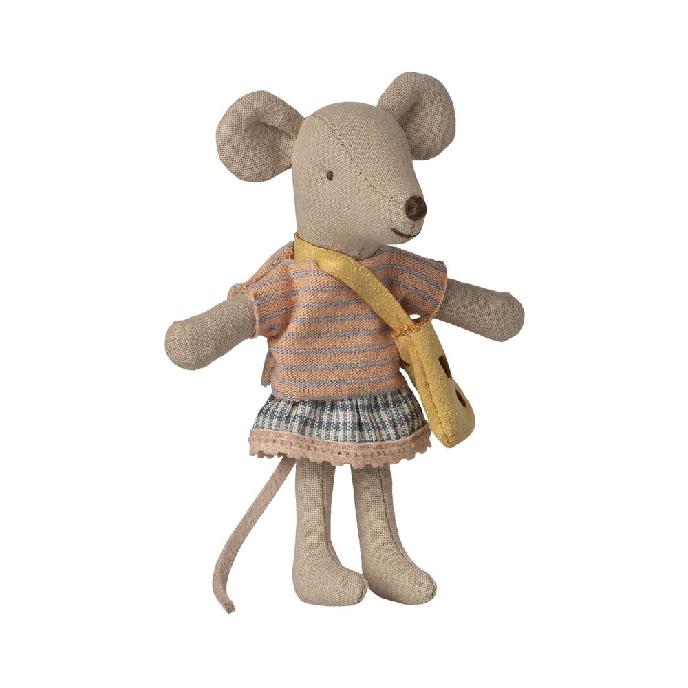 Stoffmaus mit Tasche, beige, gestreiftes Kleid und gelber Umhängetasche