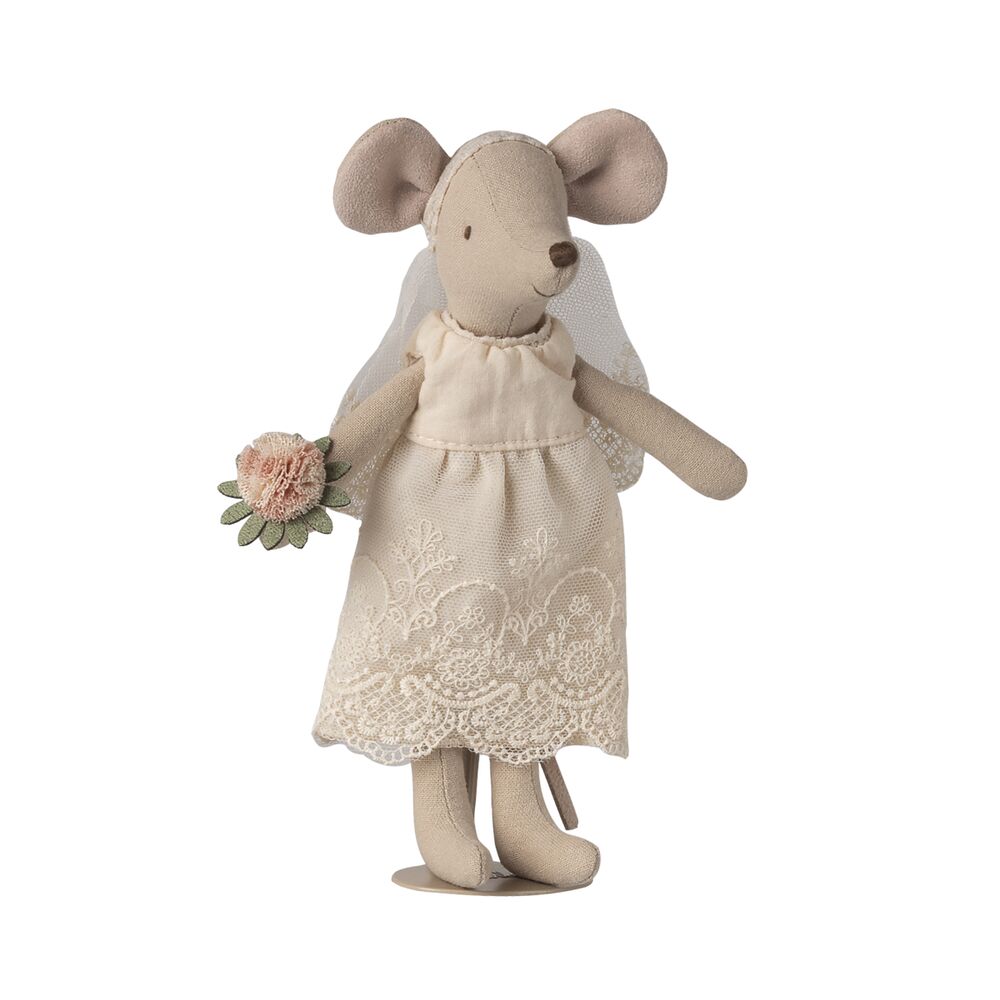 Stoffmaus Mamafigur im beigen Kleid mit Blumenapplikation