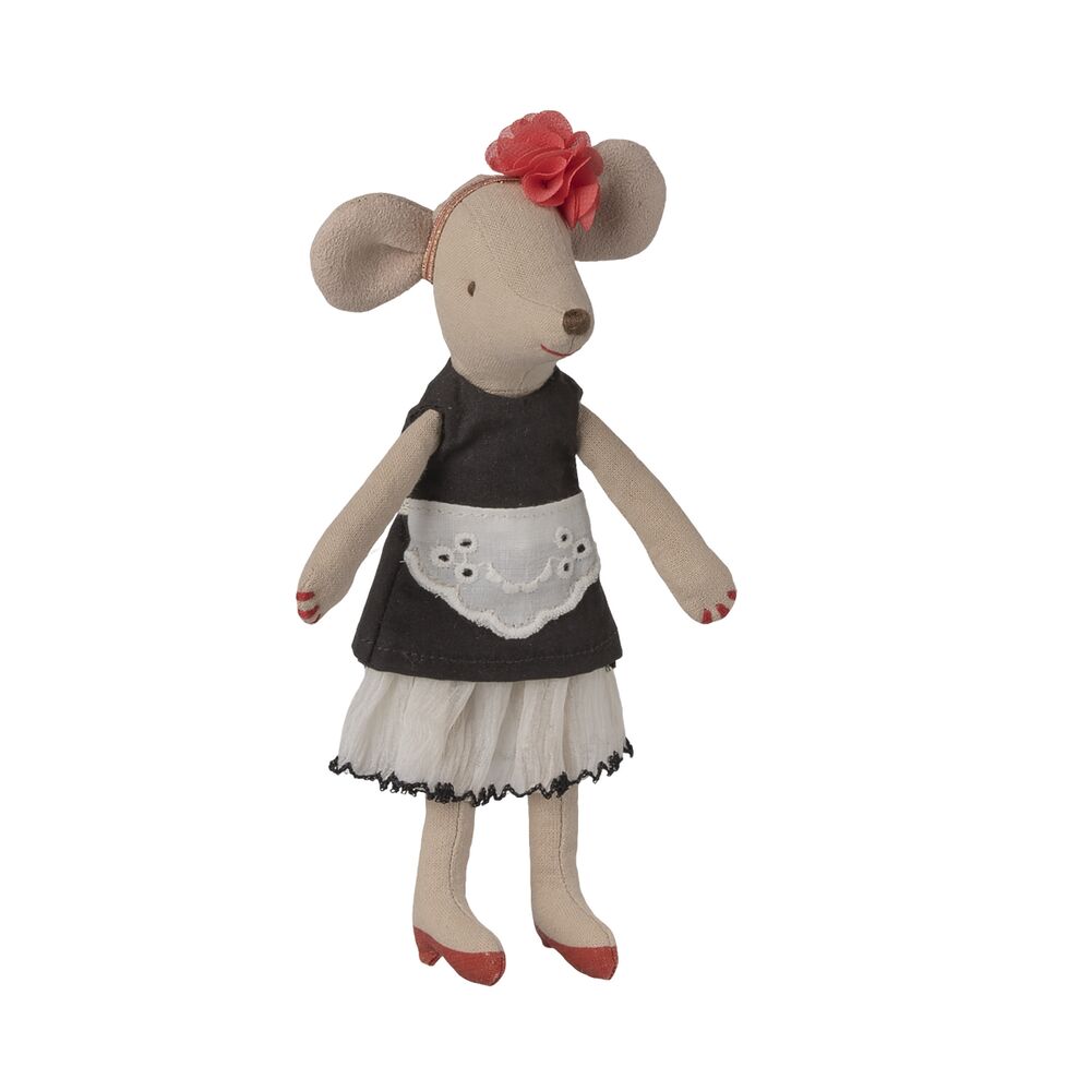 Stoffmaus-Puppe mit beigem Kopf, schwarzem Kleid mit weißer Spitze und roter Blume
