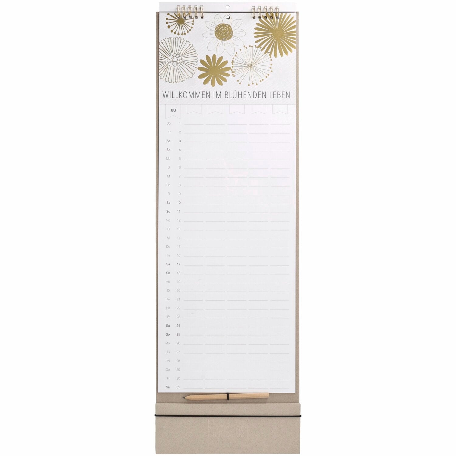 Familienplaner 2027 mit Spiralbindung, weißes Cover mit goldenen Blumen-/Muschelornamenten