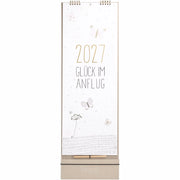 Familienplaner 2027 mit Spiralbindung, weißem Cover und Goldschrift „Glück im Anflug“