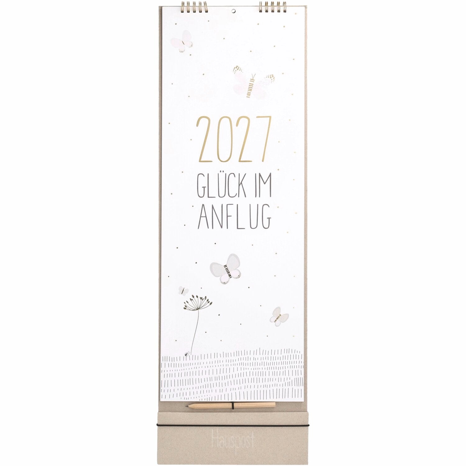 Familienplaner 2027 mit Spiralbindung, weißem Cover und Goldschrift „Glück im Anflug“