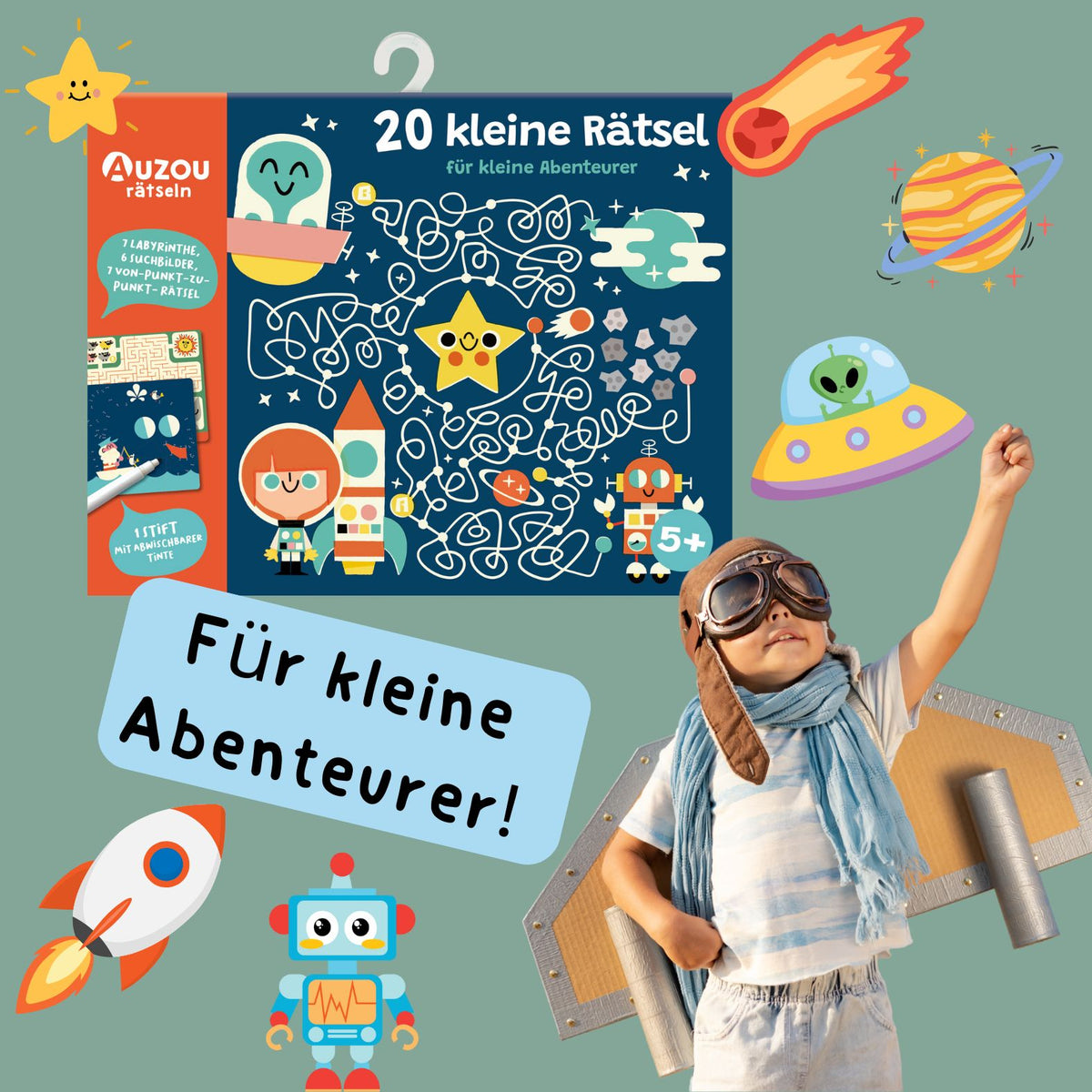 Rätselbuch mit 20 kleinen Rätseln für kleine Abenteurer, Cover mit Dinosaurier-Labyrinth