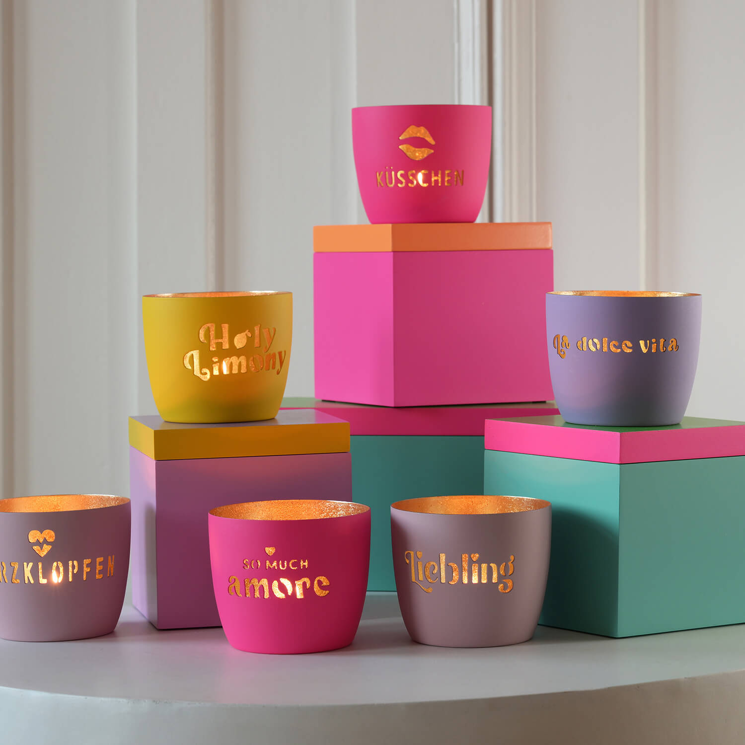 Windlicht "Madras - So much amore" - 8,5x10 cm (Hot Pink/Gold)
