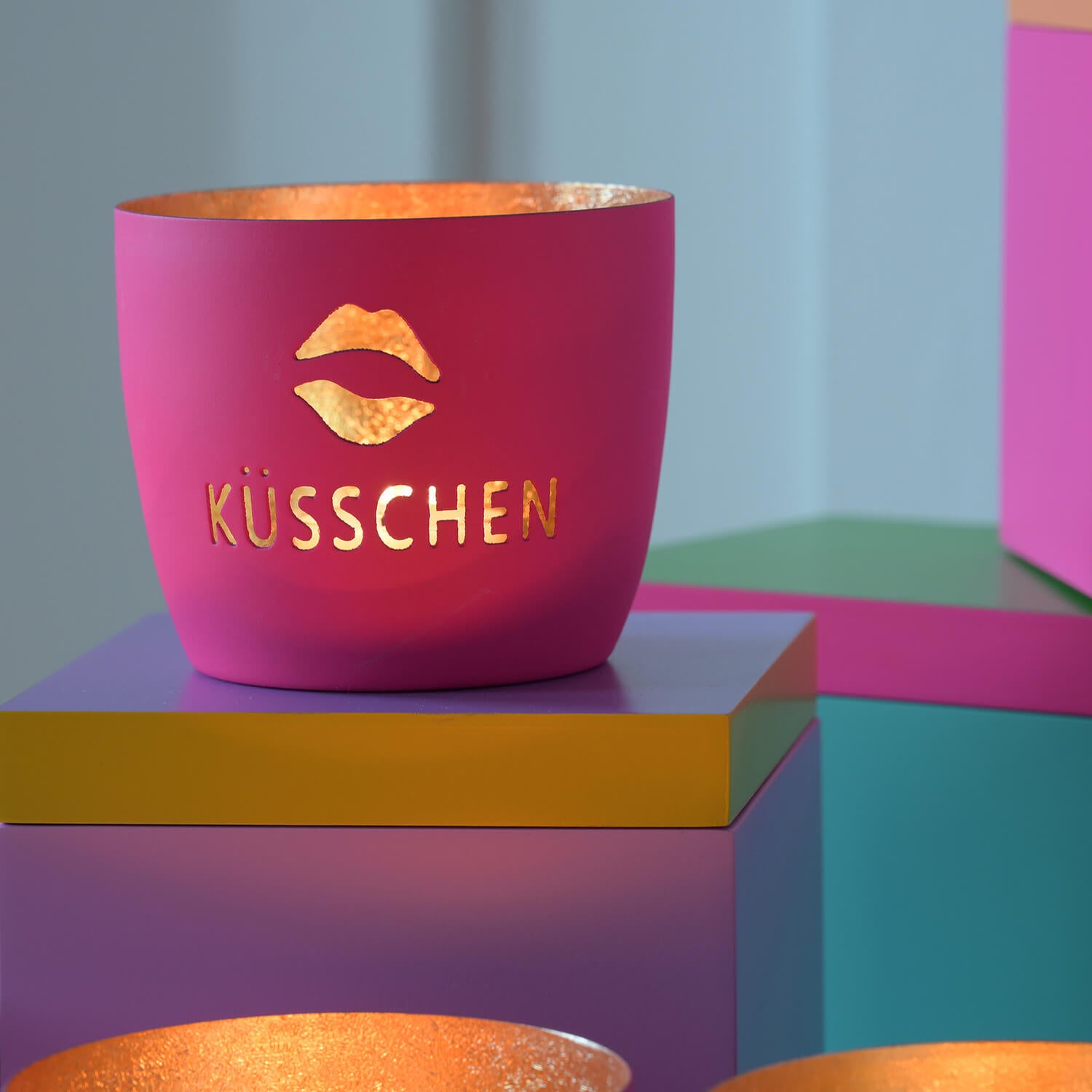 Windlicht "Madras - Küsschen" - 8,5x10 cm (Hot Pink/Gold)