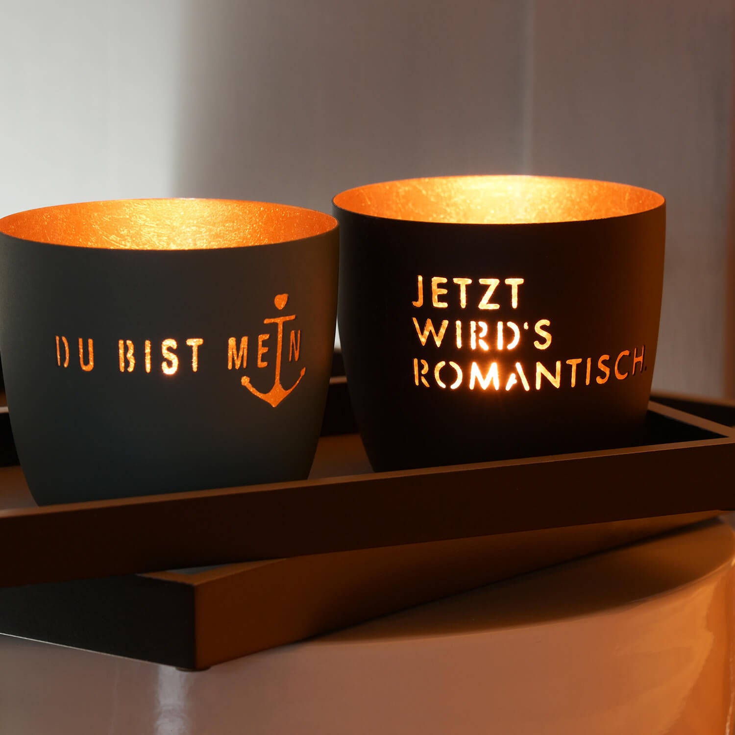 Windlicht "Madras - Jetzt wird's romantisch" - 8,5x10 cm (Schwarz/Gold)
