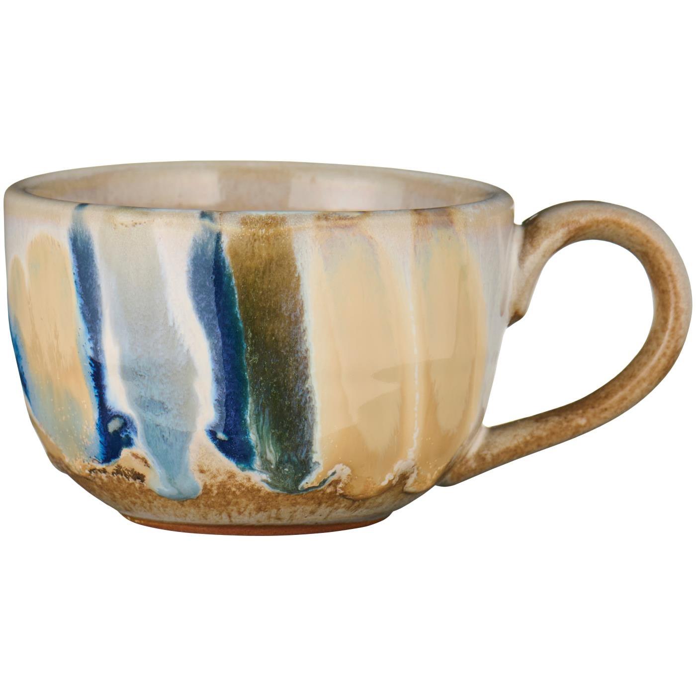 Kaffeetasse mit Henkel, blau-braunes Glasurmuster, innen hell, außen gerundete Form