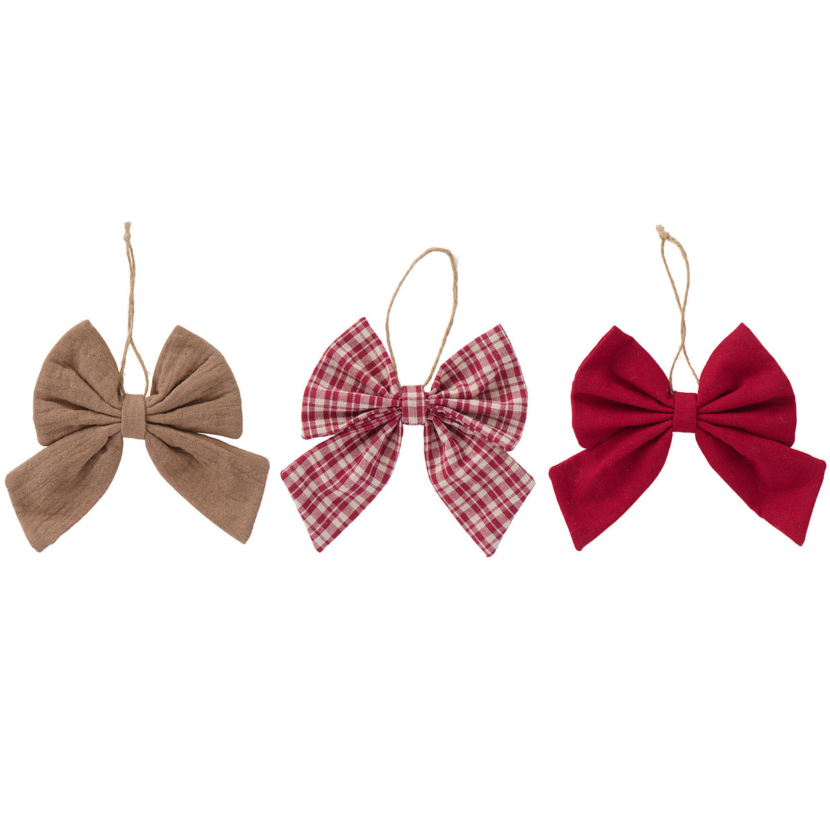 Set mit 3 Schleifen: beige, rot-weiß kariert, rot, jeweils mit Aufhängeschlaufe