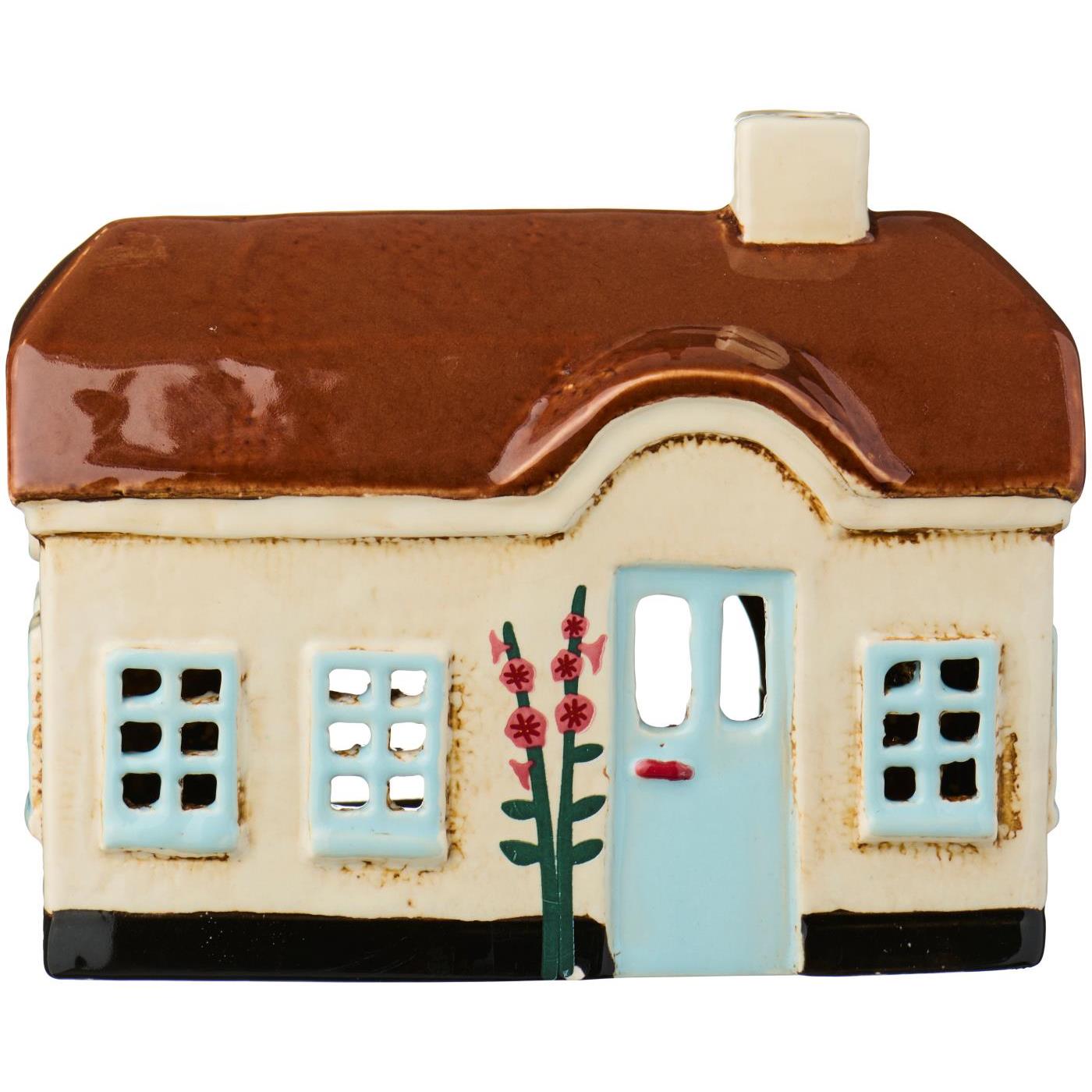 Teelicht-Haus aus Keramik, hellblaues Haus mit braunem Dach und Blumen am Eingang