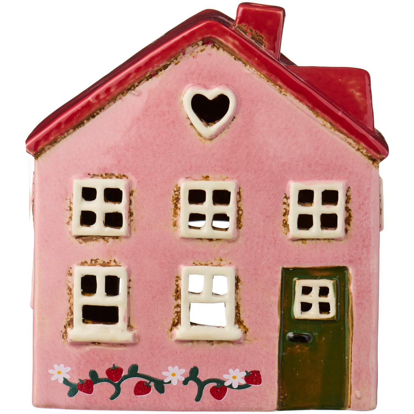 Teelichthaus in Hausform, rosa Fassade mit grüner Tür und rotem Dach, Herzöffnung