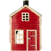 Rotes Teelicht-Haus mit Fenster- und Türdetails, weißem Zierstreifen