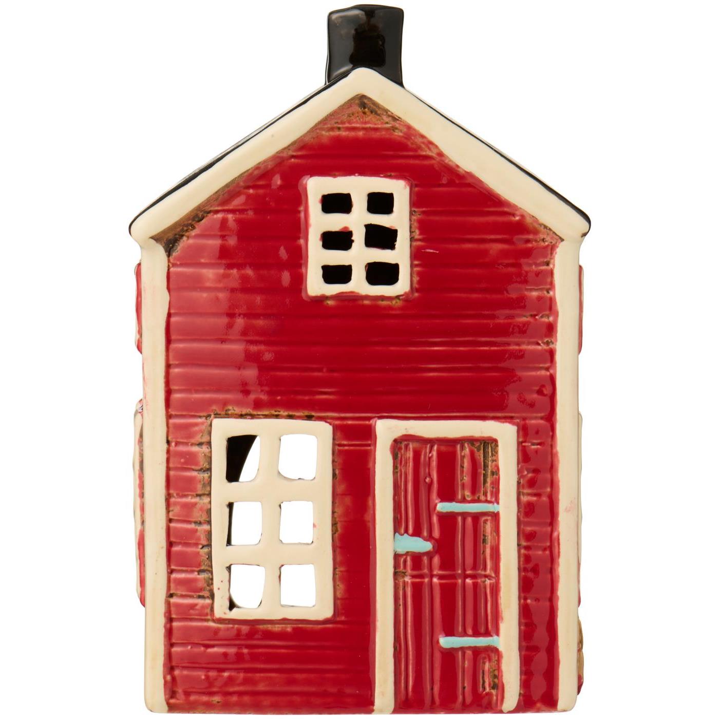 Rotes Teelicht-Haus mit Fenster- und Türdetails, weißem Zierstreifen