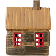 Braunes Teelichthaus im Hüttendesign mit roten Fenstern und Schornstein