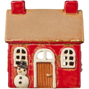Haus für Teelicht "Stillenat - Schneemann vor dem Fenster" - 9,5x7,5x10,5 cm (Rot)