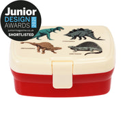 Kinder-Lunchbox mit Dinosaurierdruck, rotem Boden und weißem Deckel, Clip-Verschluss