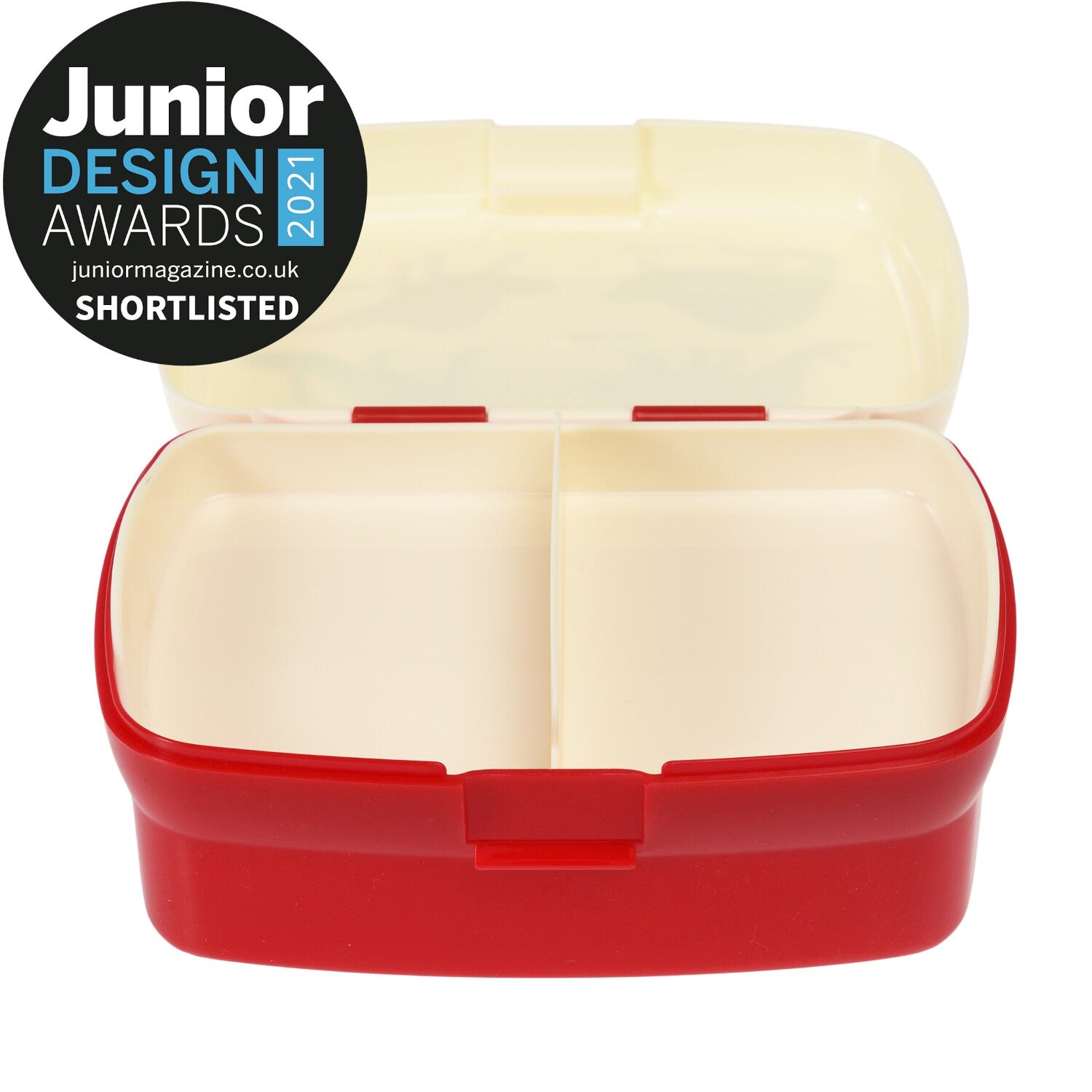Kinder-Lunchbox, geöffnet: beige Innenraum, roter Boden, zweiteiliger Deckel mit Clips