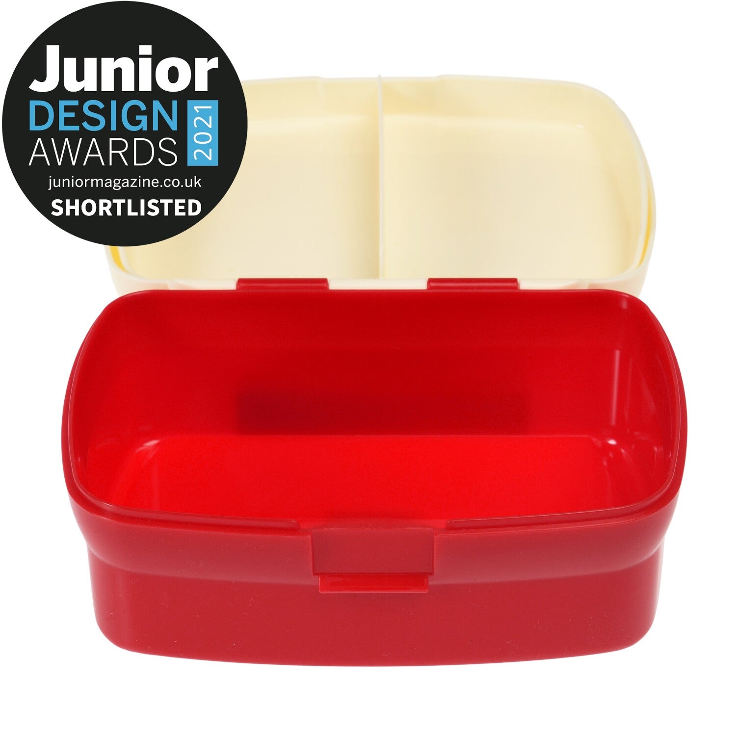 Kinder-Lunchbox mit rotem Boden und geöffnetem Deckel, Clip-Verschluss