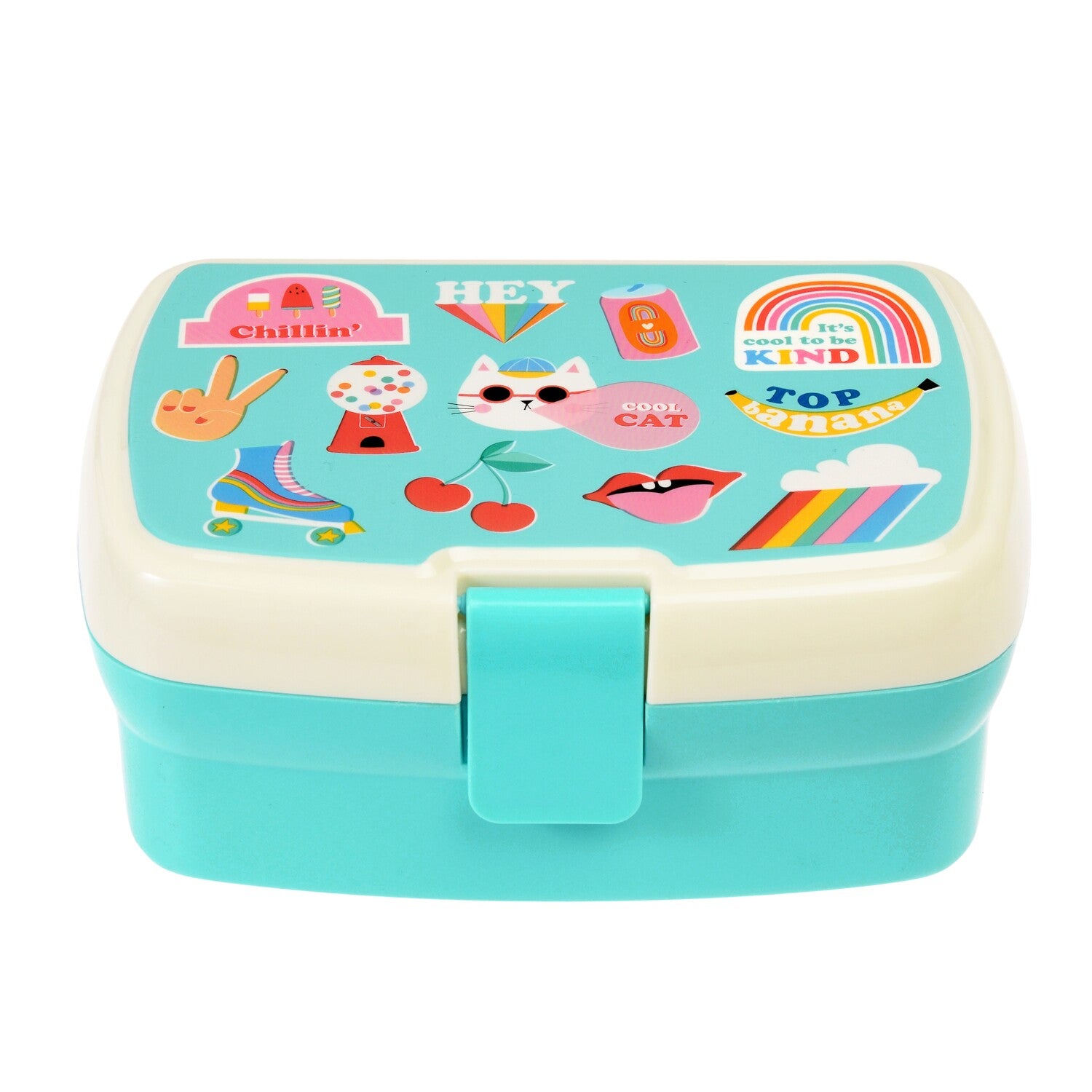 Lunchbox türkis mit zweigeteiltem Deckel und bunter Aufdruckgrafik vorne