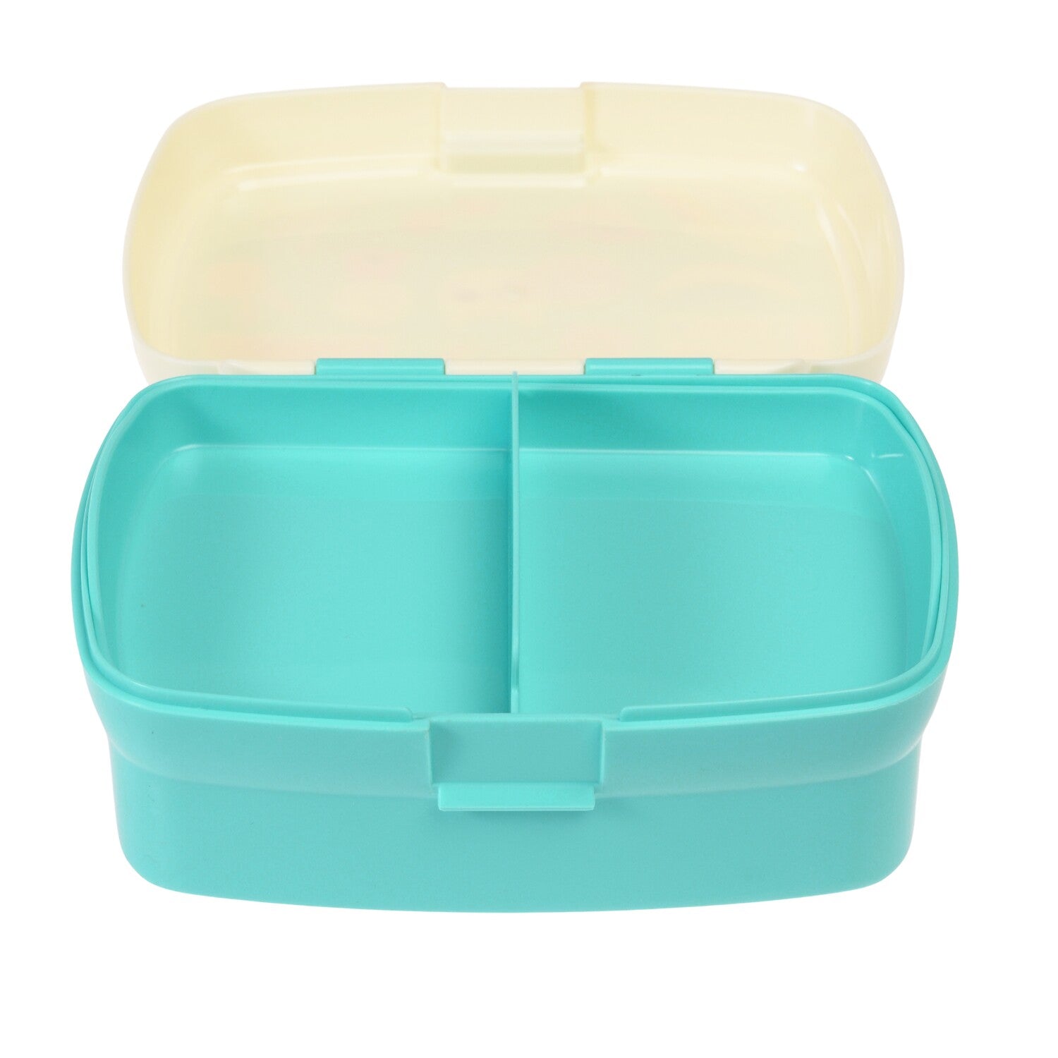 Lunchbox türkis mit geöffnetem Deckel, zweifach unterteilter Innenschale