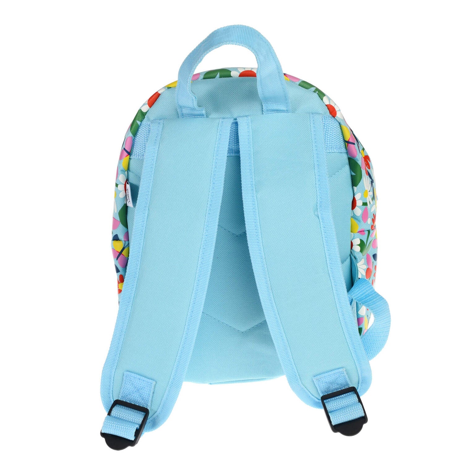 Kinderrucksack, hellblauer Rücken mit verstellbaren Schultergurten und Schlaufen