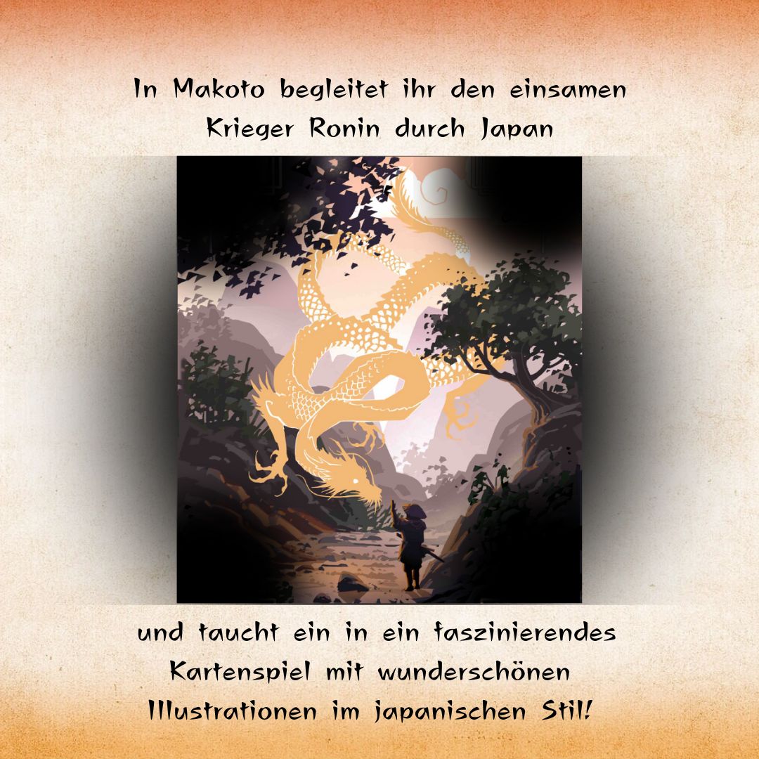 Makoto-Kartenspiel: Landschaftsillustration mit Drachenfigur und Samurai im Wald