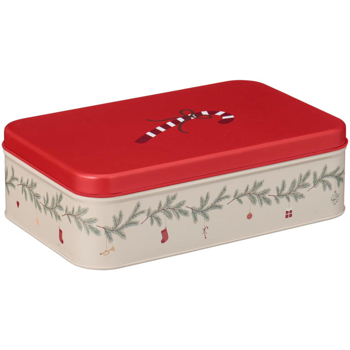 Flache Konfektdose mit Weihnachtsgirlande "My Nostalgic Christmas" - 21,9x14,1x6,5 cm (Rot/Creme)
