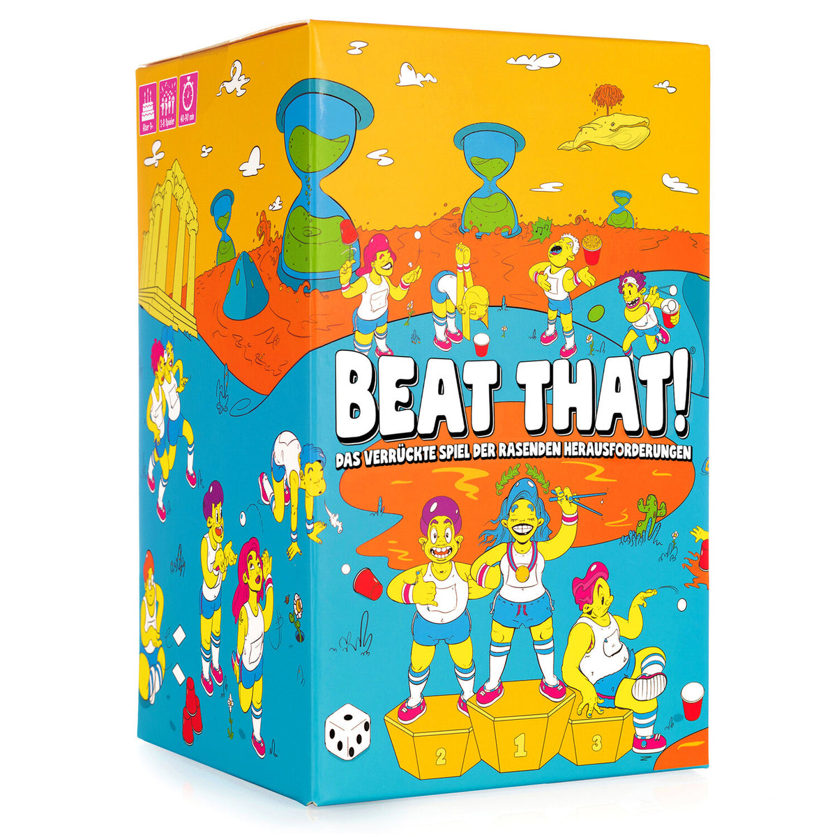 Gesellschaftsspiel-Box mit Figurenillustration und Wettkampf-Set