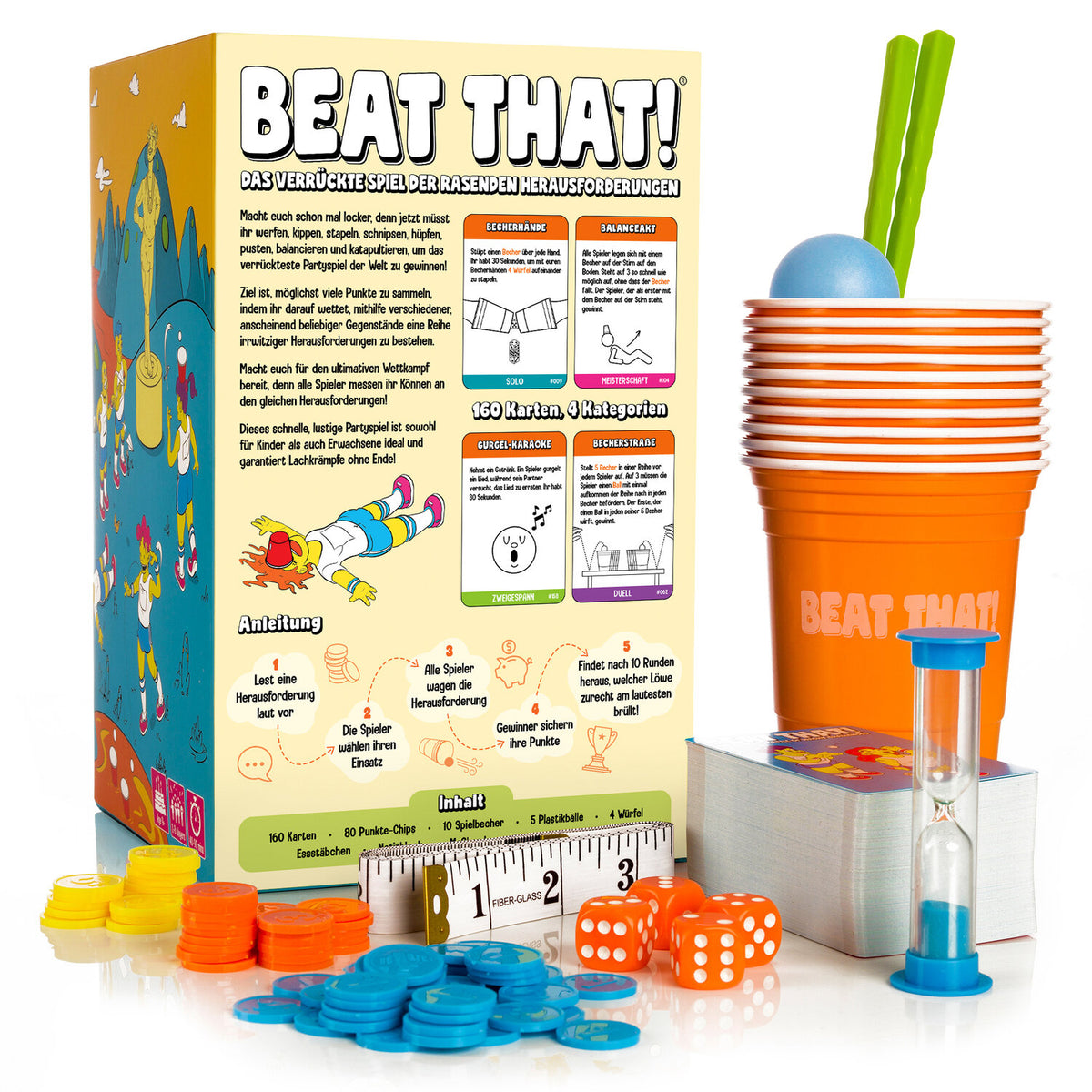 Gesellschaftsspiel-Box mit Zubehör: orange Becher, Karten, Würfel und Spielsteine