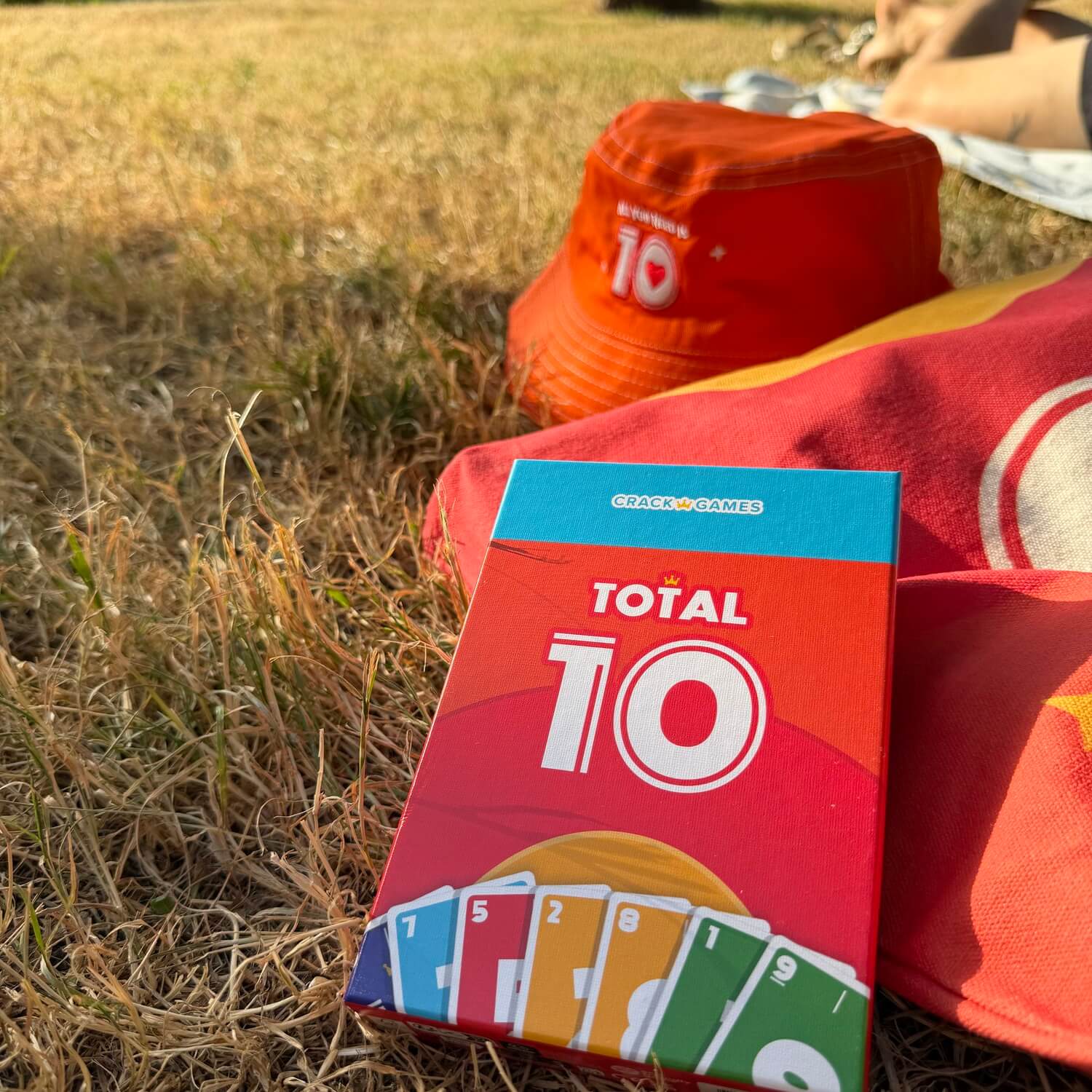 Spielschachtel Total 10 mit Karten auf Gras neben rotem Hut und Tuch