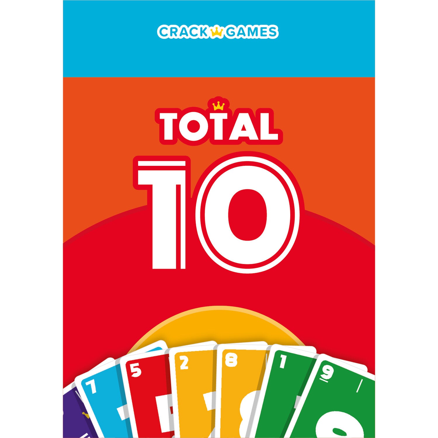 Vorderseite der Spielbox „Total 10“ mit Karten unten im Motiv