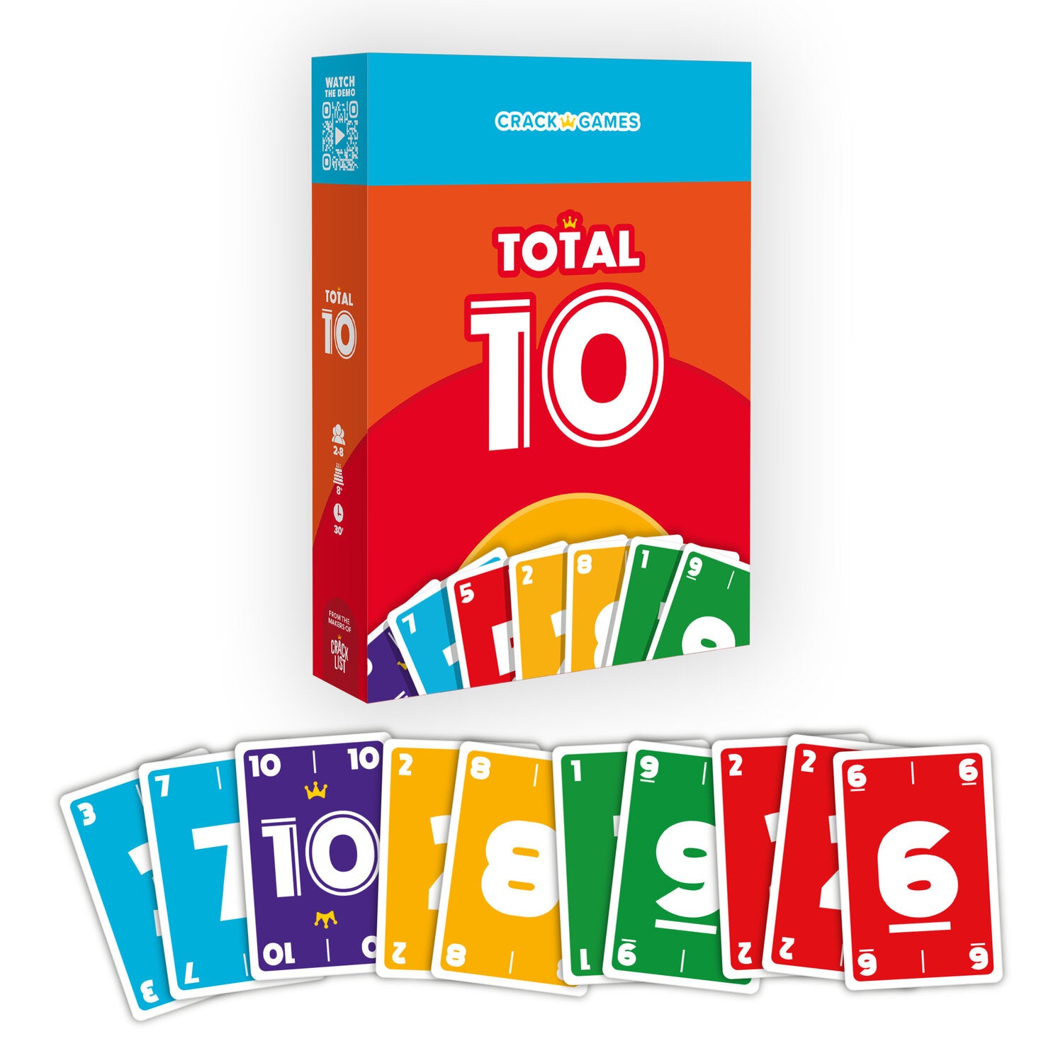 Total-10-Spielbox mit ausgelegten Zahlenkarten und farbigen Symbolen