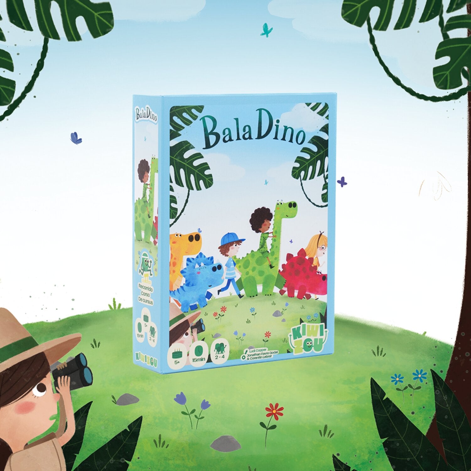 Dino-Brettspiel-Box mit Dinosaurier-Szene und Kindern im Vordergrund