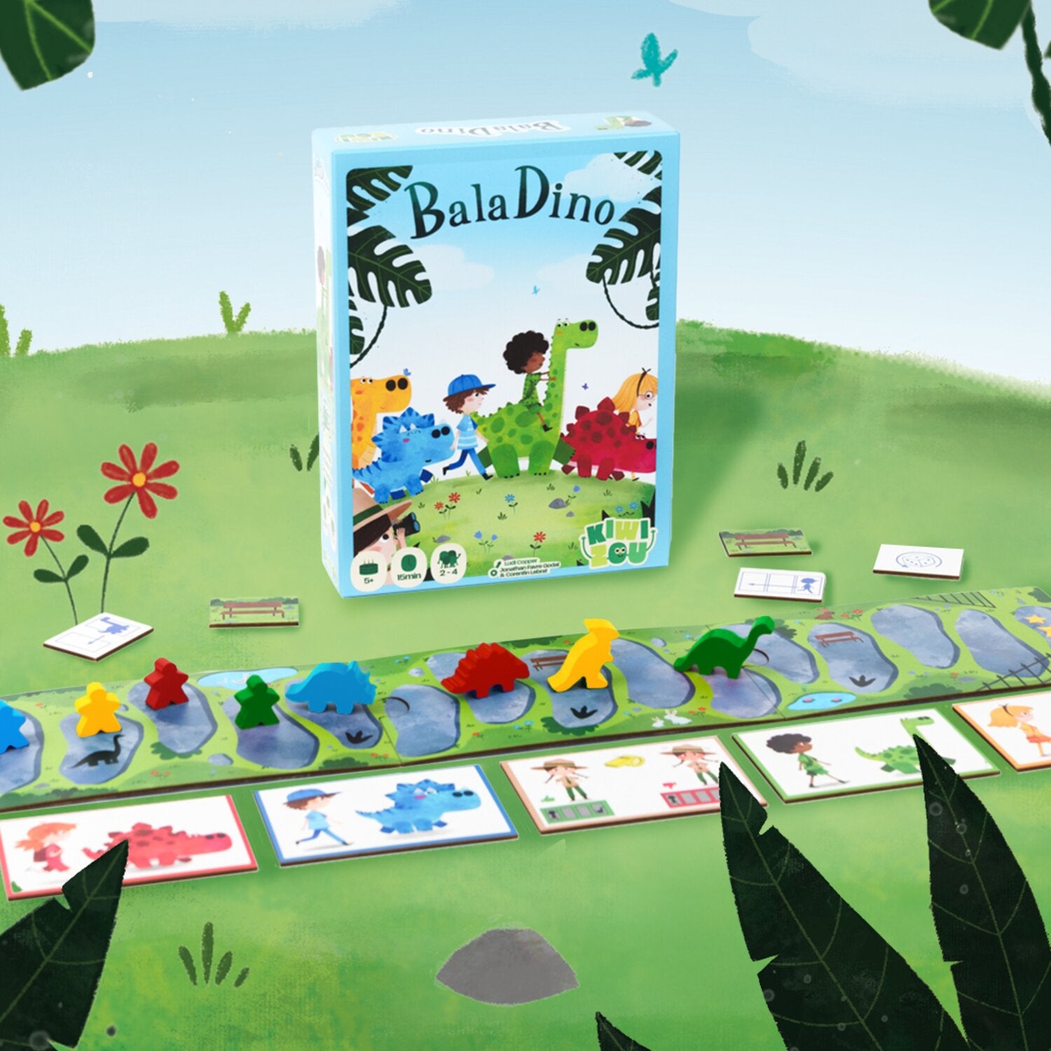 Dino-Brettspiel-Set auf Spielmatte mit Karten, Figuren und farbigem Bodenplan