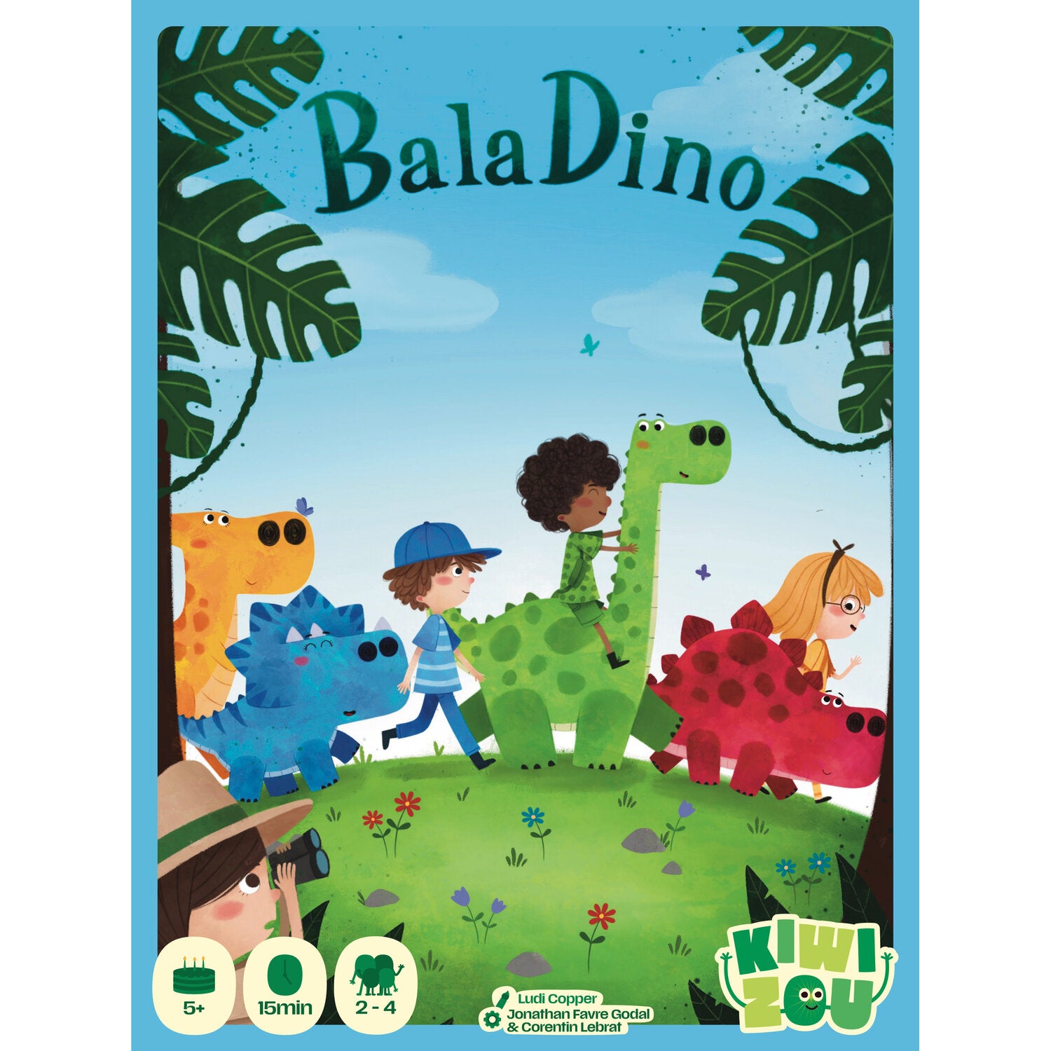 Dino-Brettspiel-Boxvorderseite mit Kindern und vier Dinosauriern