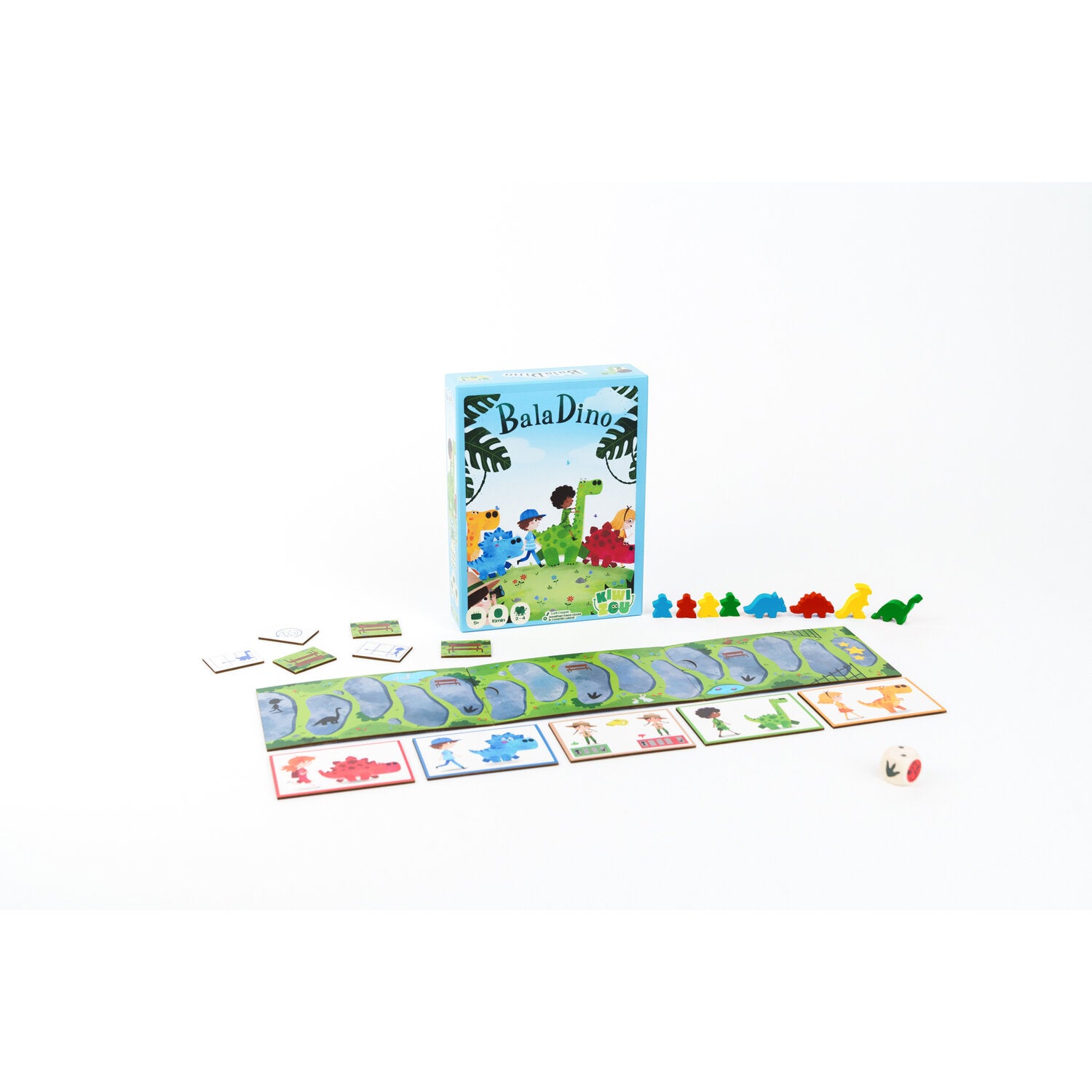 Dino-Brettspiel-Set mit Box, Spielkarten, Figuren und Würfel auf weißem Hintergrund