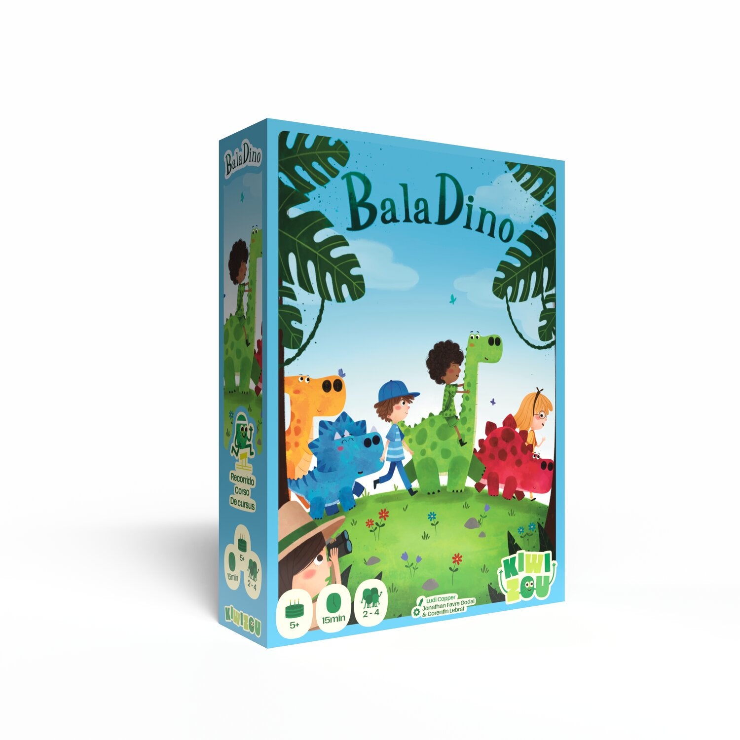 Dino-Brettspiel in bunzer Box mit Figuren und Dinosaurier-Illustrationen